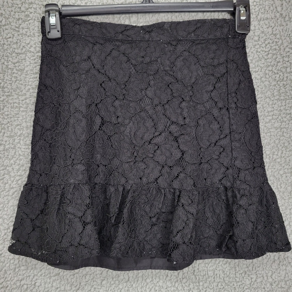 J.Crew Black Floral Lace Ruffle Hem Mini Skirt Size 00 Elastic Waist Lined